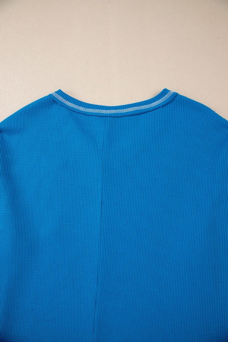 Sky Blue Lace Floral Patchwork Sleeve Stitching V Neck Rib Knit Blouse - Love Salve